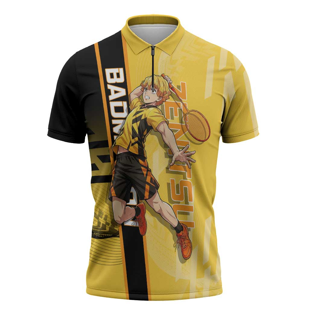 Personalized Zenitsu Agatsuki Demon Slayer Badminton Theme Zipper Polo Shirt with Racket Action Pose and Yellow Black Graphic Design - The Mazicc
