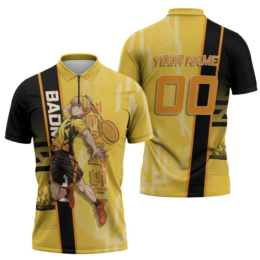 Personalized Zenitsu Agatsuki Demon Slayer Badminton Theme Zipper Polo Shirt with Racket Action Pose and Yellow Black Graphic Design - The Mazicc