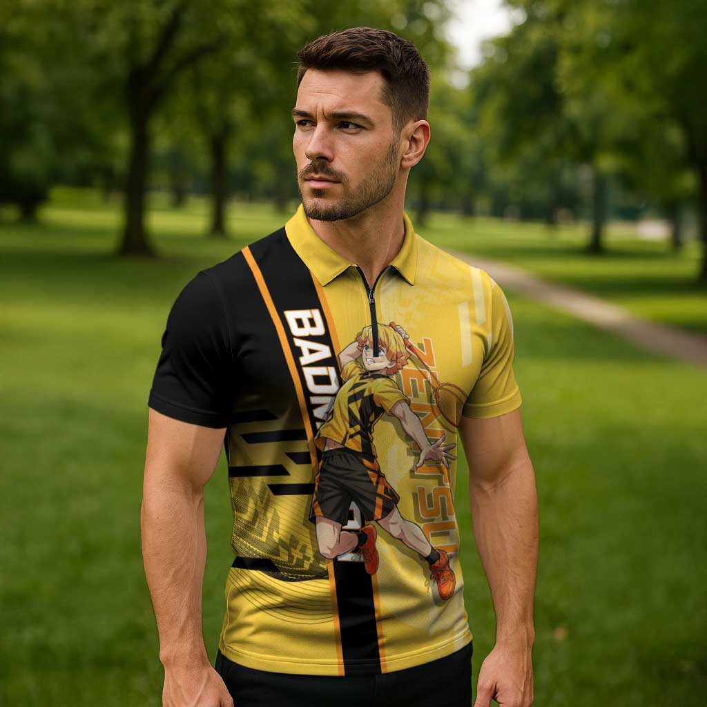 Personalized Zenitsu Agatsuki Demon Slayer Badminton Theme Zipper Polo Shirt with Racket Action Pose and Yellow Black Graphic Design - The Mazicc
