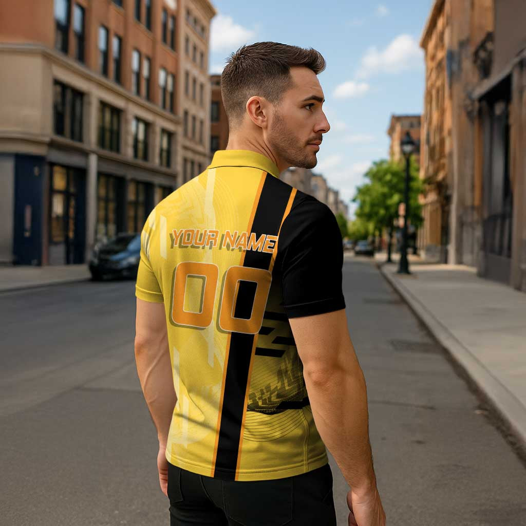Personalized Zenitsu Agatsuki Demon Slayer Badminton Theme Zipper Polo Shirt with Racket Action Pose and Yellow Black Graphic Design - The Mazicc