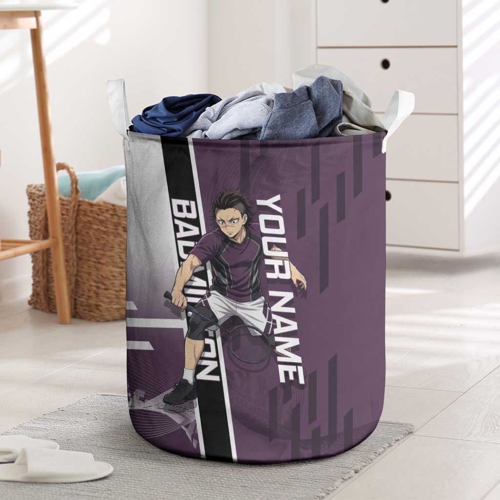 Personalized Shinazugawa Genya Demon Slayer Badminton Laundry Basket with Racket Action Pose and Purple Black Graphic Design - The Mazicc