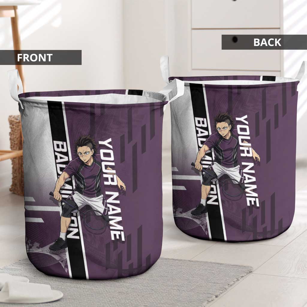 Personalized Shinazugawa Genya Demon Slayer Badminton Laundry Basket with Racket Action Pose and Purple Black Graphic Design - The Mazicc