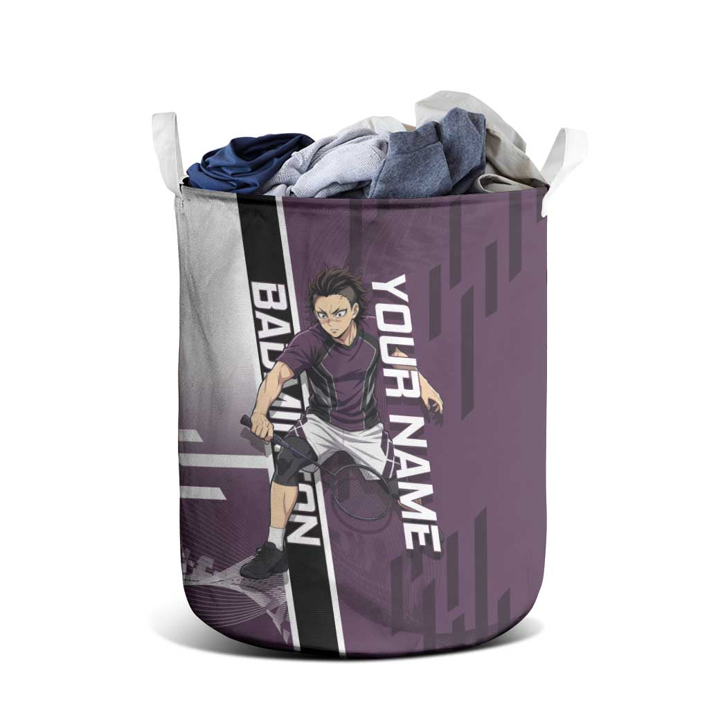 Personalized Shinazugawa Genya Demon Slayer Badminton Laundry Basket with Racket Action Pose and Purple Black Graphic Design - The Mazicc