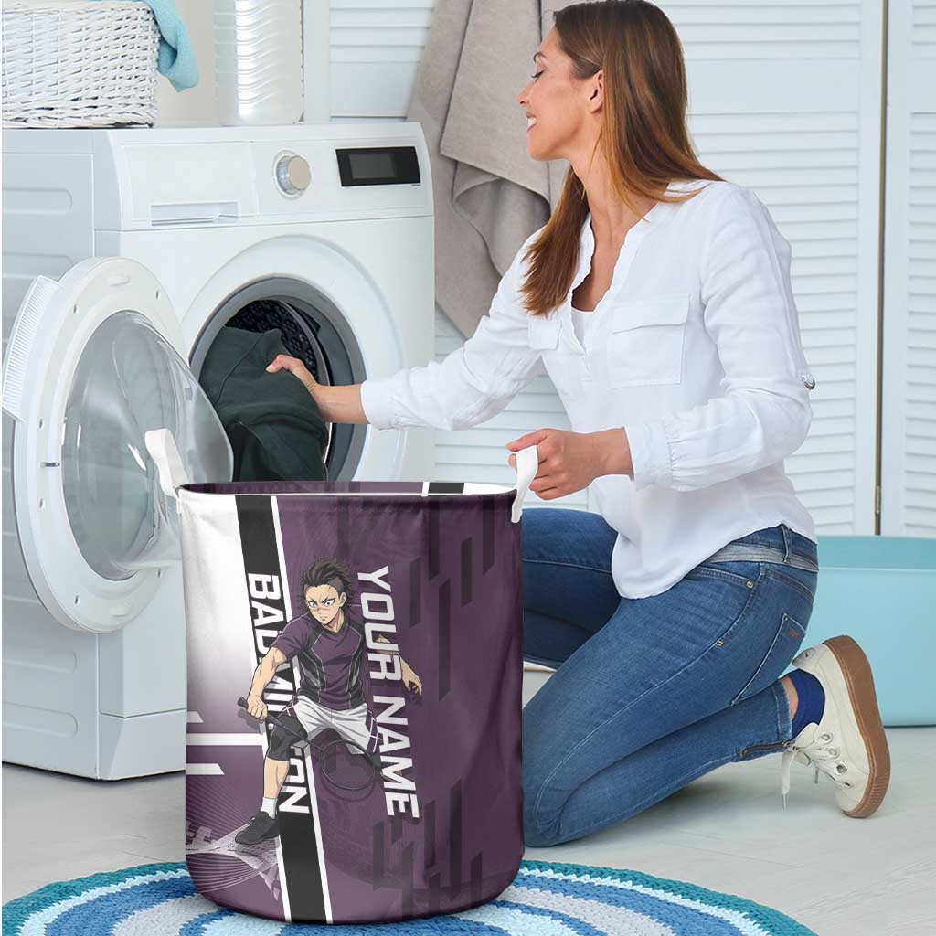 Personalized Shinazugawa Genya Demon Slayer Badminton Laundry Basket with Racket Action Pose and Purple Black Graphic Design - The Mazicc