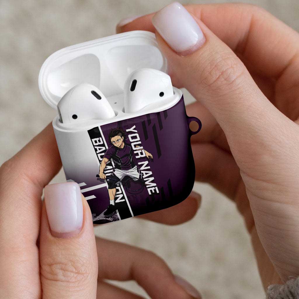 Personalized Shinazugawa Genya Demon Slayer Badminton AirPods Case with Racket Action Pose and Purple Black Graphic Design - The Mazicc