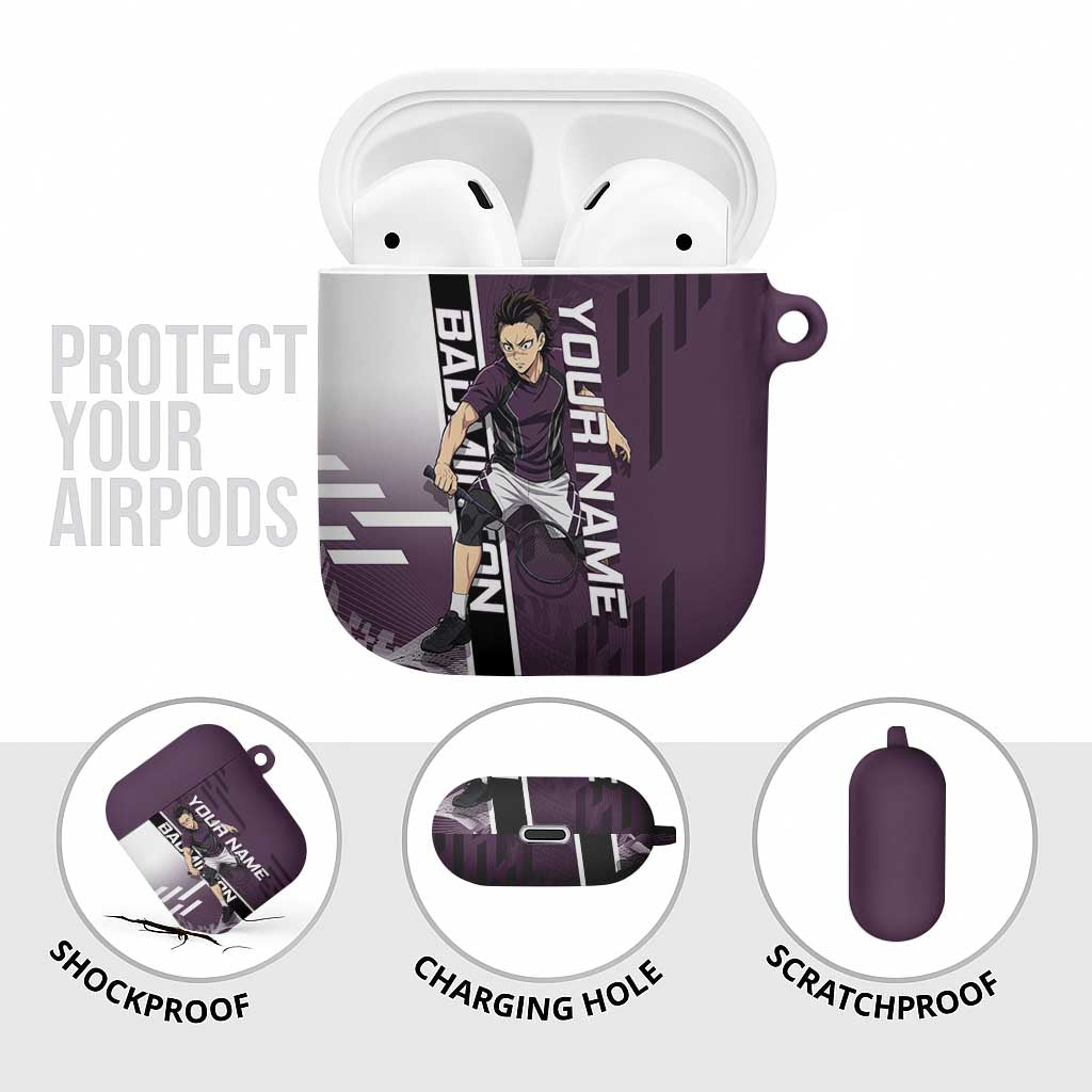 Personalized Shinazugawa Genya Demon Slayer Badminton AirPods Case with Racket Action Pose and Purple Black Graphic Design - The Mazicc
