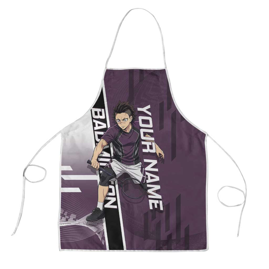 Personalized Shinazugawa Genya Demon Slayer Badminton Apron with Racket Action Pose and Purple Black Graphic Design - The Mazicc