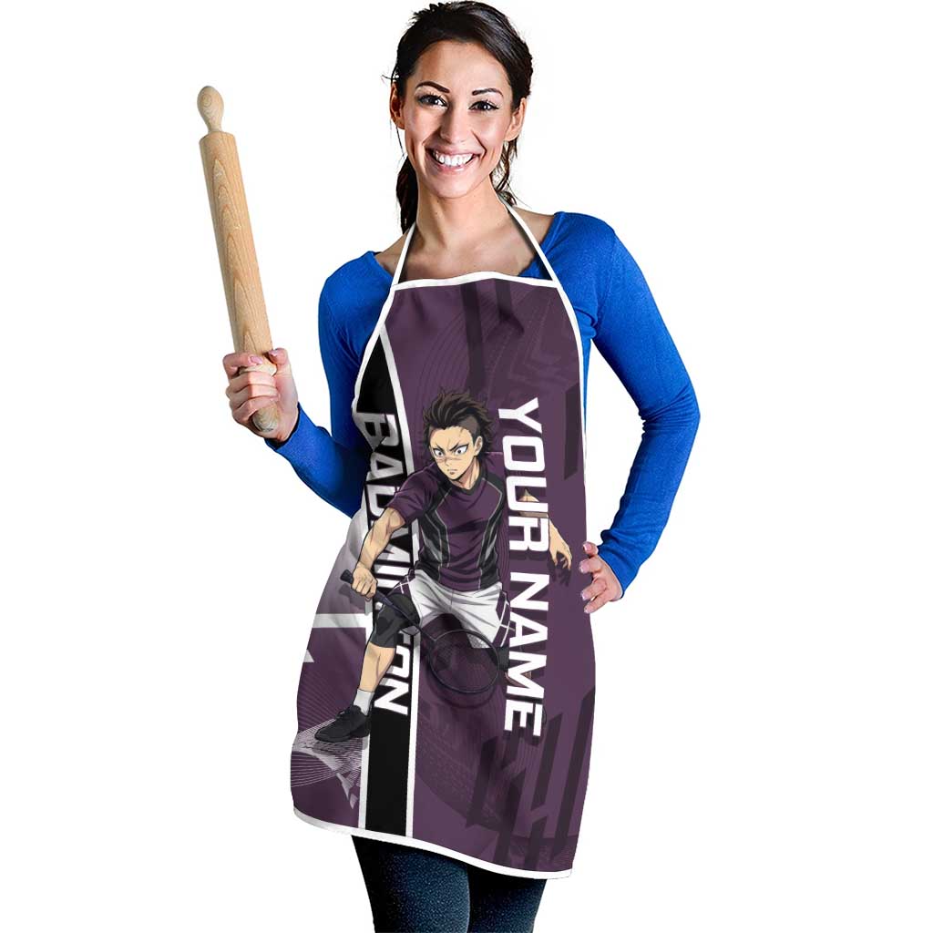 Personalized Shinazugawa Genya Demon Slayer Badminton Apron with Racket Action Pose and Purple Black Graphic Design - The Mazicc