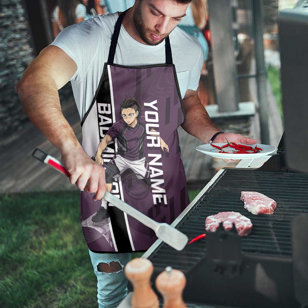 Personalized Shinazugawa Genya Demon Slayer Badminton Apron with Racket Action Pose and Purple Black Graphic Design - The Mazicc