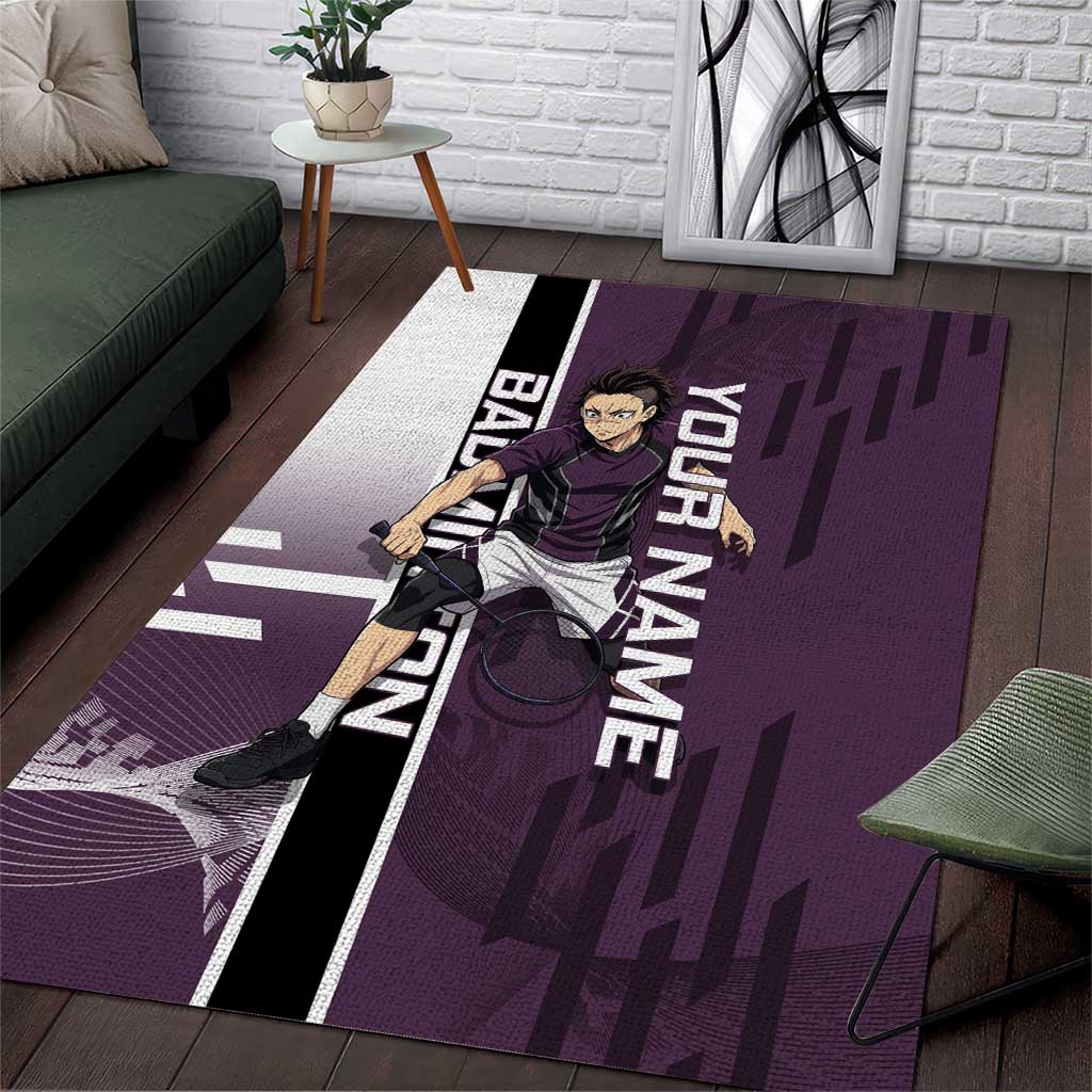 Personalized Shinazugawa Genya Demon Slayer Badminton Area Rug with Racket Action Pose and Purple Black Graphic Design - The Mazicc