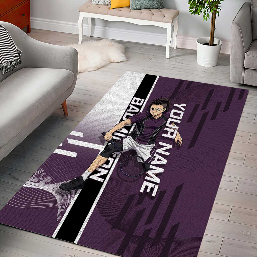 Personalized Shinazugawa Genya Demon Slayer Badminton Area Rug with Racket Action Pose and Purple Black Graphic Design - The Mazicc