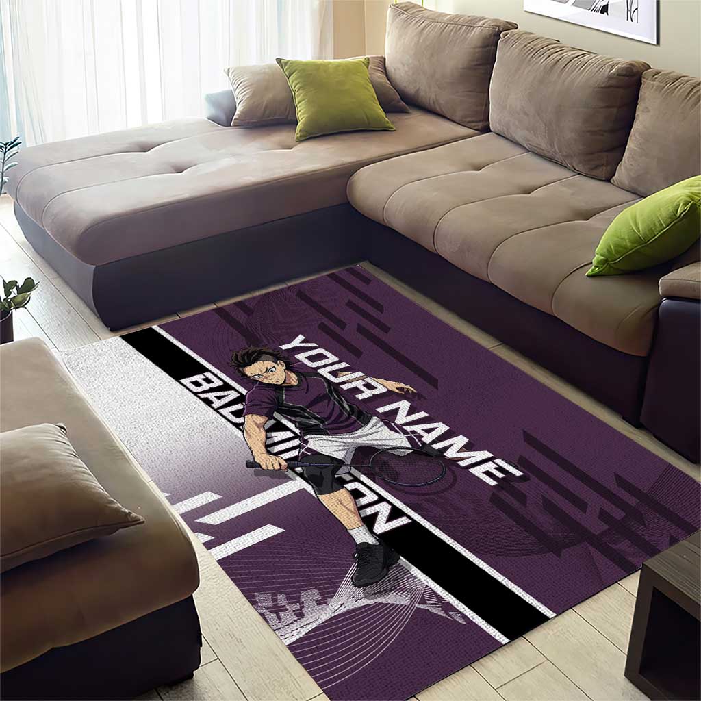 Personalized Shinazugawa Genya Demon Slayer Badminton Area Rug with Racket Action Pose and Purple Black Graphic Design - The Mazicc