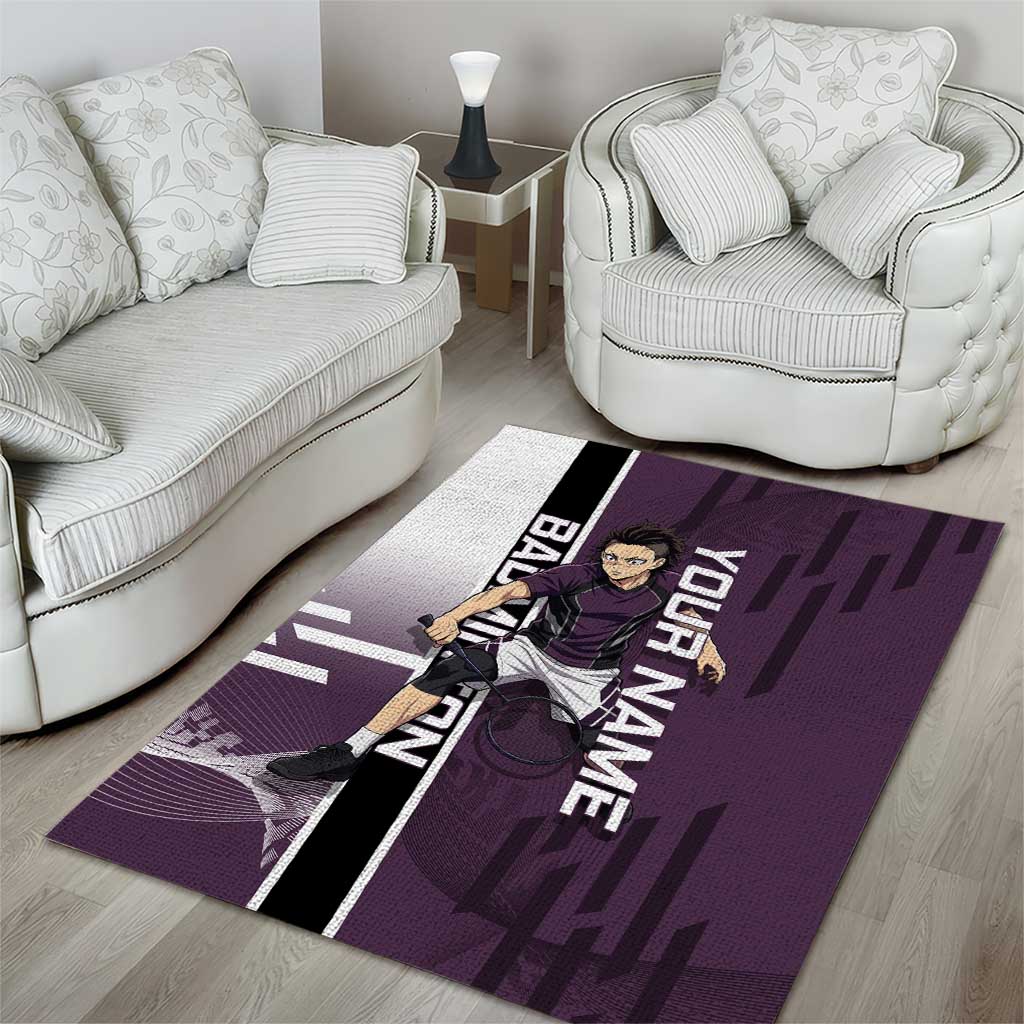 Personalized Shinazugawa Genya Demon Slayer Badminton Area Rug with Racket Action Pose and Purple Black Graphic Design - The Mazicc