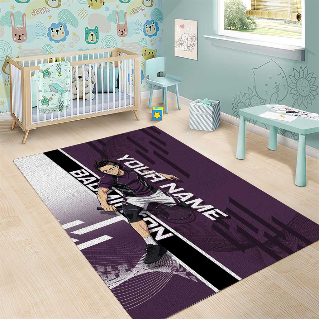 Personalized Shinazugawa Genya Demon Slayer Badminton Area Rug with Racket Action Pose and Purple Black Graphic Design - The Mazicc