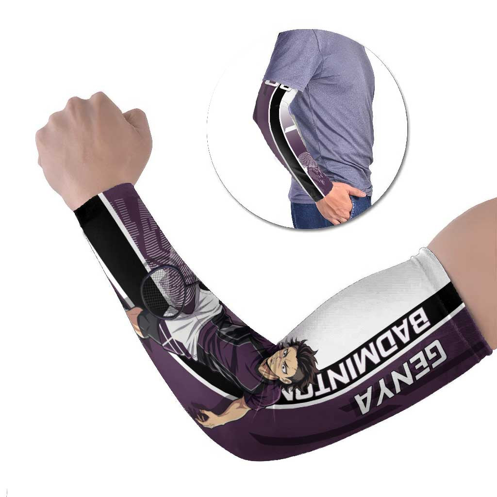 Personalized Shinazugawa Genya Demon Slayer Badminton Arm Sleeves with Racket Action Pose and Purple Black Graphic Design - The Mazicc