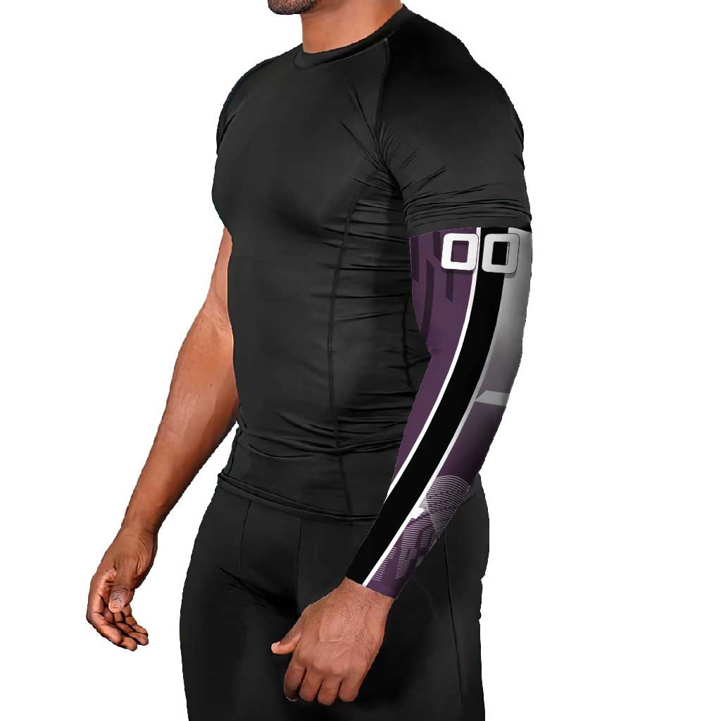 Personalized Shinazugawa Genya Demon Slayer Badminton Arm Sleeves with Racket Action Pose and Purple Black Graphic Design - The Mazicc