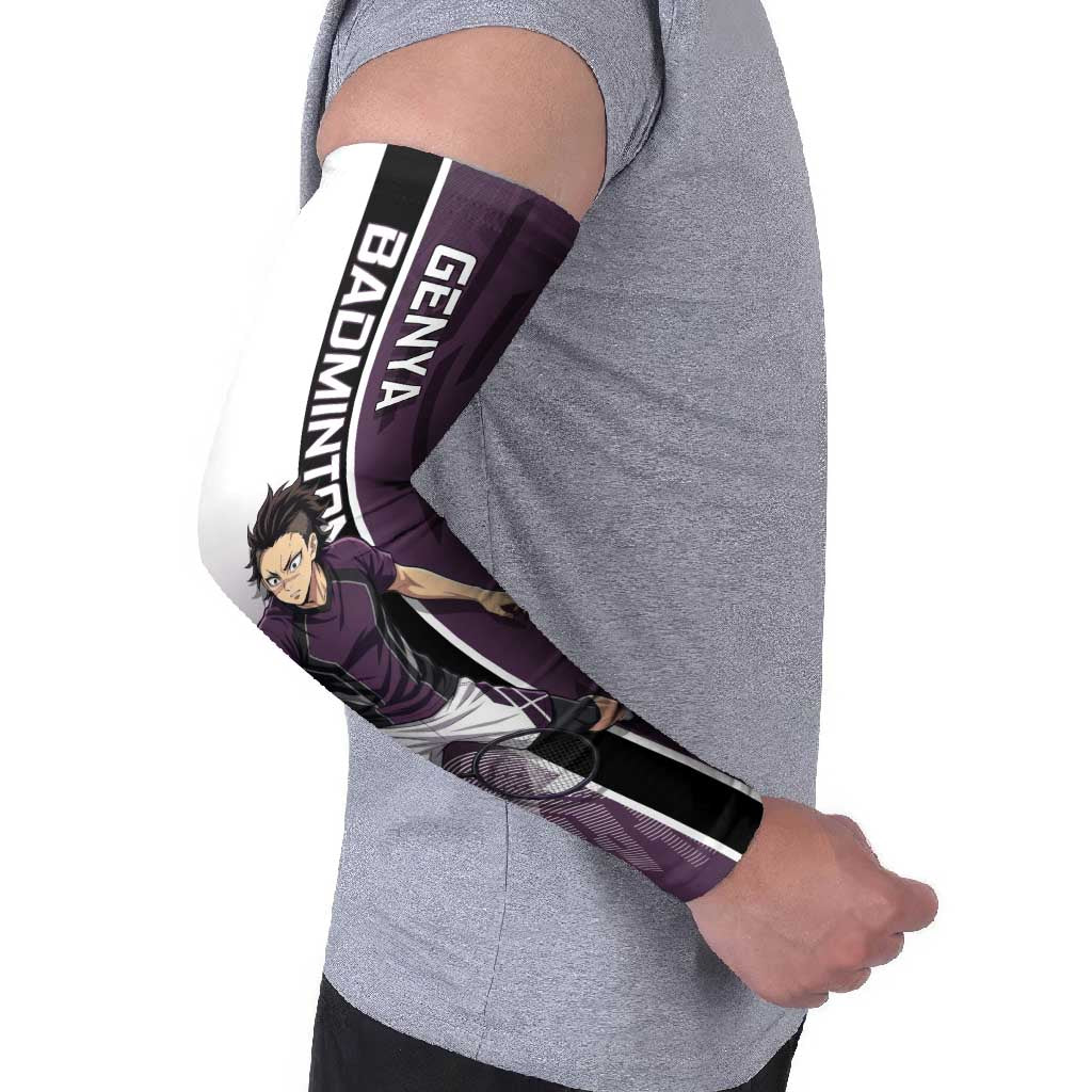 Personalized Shinazugawa Genya Demon Slayer Badminton Arm Sleeves with Racket Action Pose and Purple Black Graphic Design - The Mazicc