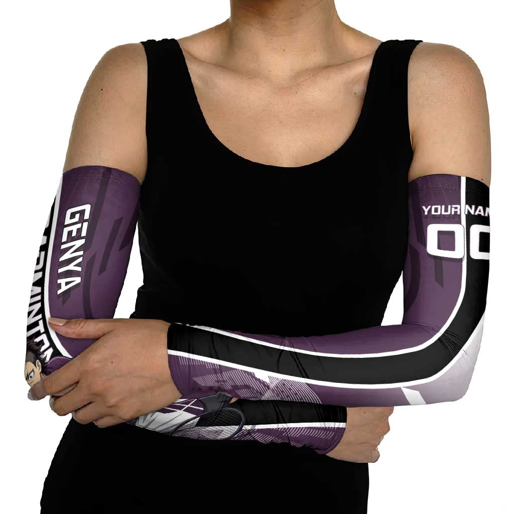 Personalized Shinazugawa Genya Demon Slayer Badminton Arm Sleeves with Racket Action Pose and Purple Black Graphic Design - The Mazicc
