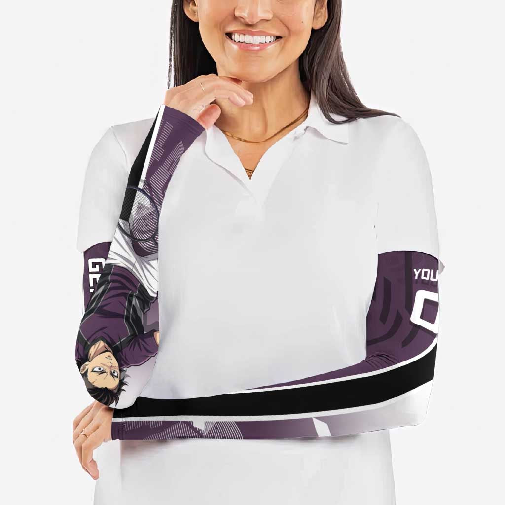 Personalized Shinazugawa Genya Demon Slayer Badminton Arm Sleeves with Racket Action Pose and Purple Black Graphic Design - The Mazicc
