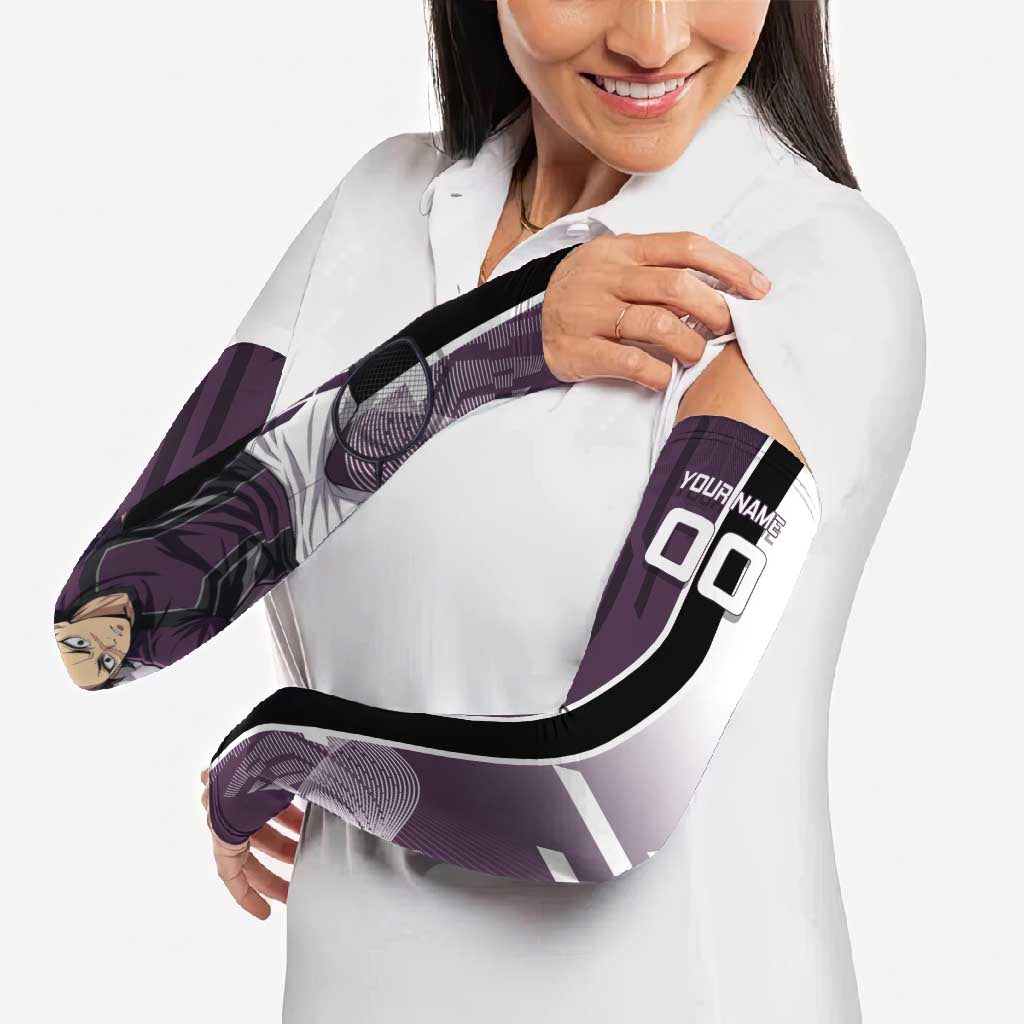 Personalized Shinazugawa Genya Demon Slayer Badminton Arm Sleeves with Racket Action Pose and Purple Black Graphic Design - The Mazicc