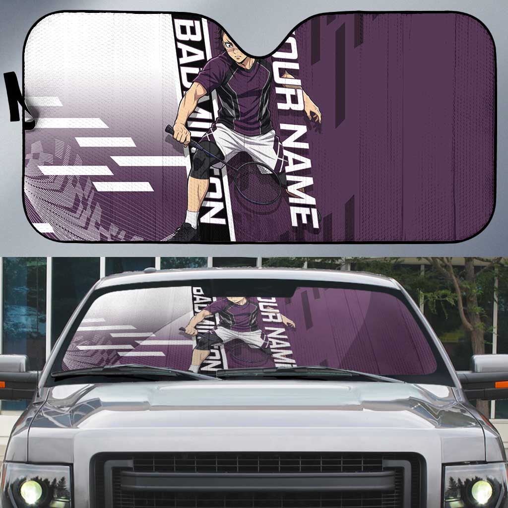 Personalized Shinazugawa Genya Demon Slayer Badminton Auto Sun Shade with Racket Action Pose and Purple Black Graphic Design - The Mazicc