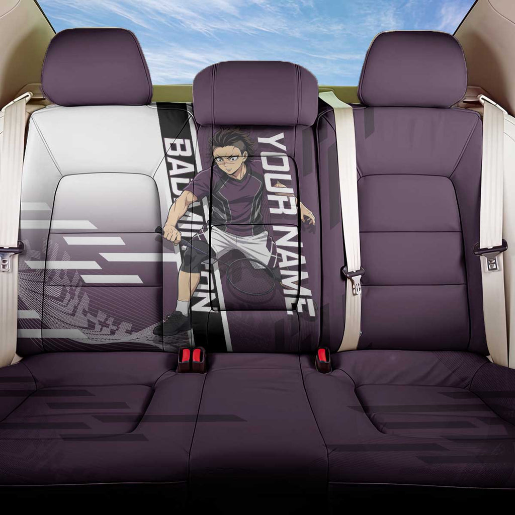 Personalized Shinazugawa Genya Demon Slayer Badminton Back Car Seat Cover with Racket Action Pose and Purple Black Graphic Design - The Mazicc
