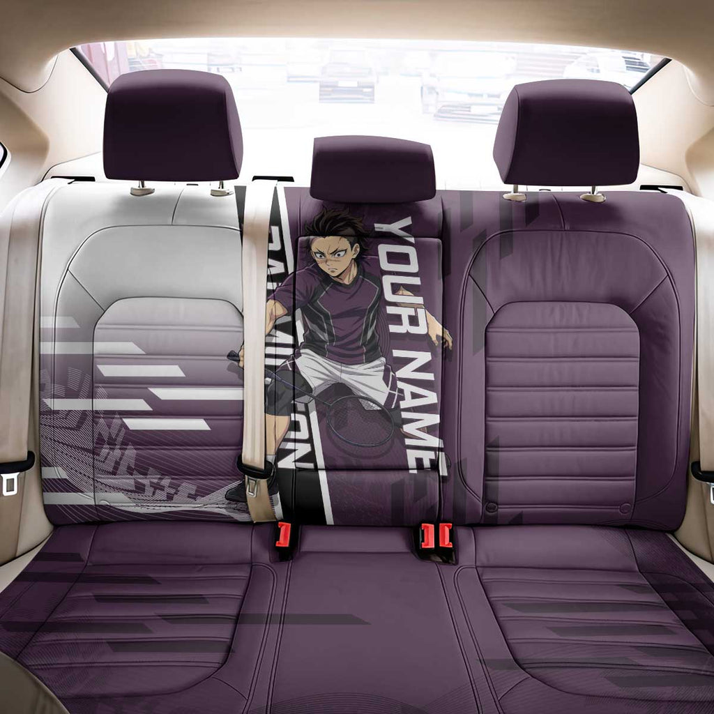 Personalized Shinazugawa Genya Demon Slayer Badminton Back Car Seat Cover with Racket Action Pose and Purple Black Graphic Design - The Mazicc