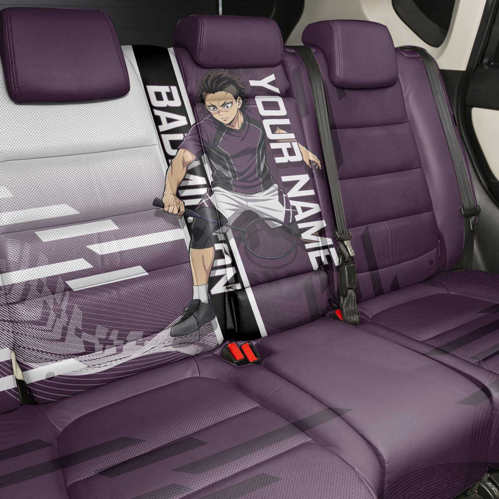 Personalized Shinazugawa Genya Demon Slayer Badminton Back Car Seat Cover with Racket Action Pose and Purple Black Graphic Design - The Mazicc