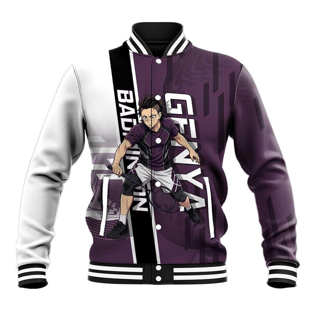 Personalized Shinazugawa Genya Demon Slayer Badminton Baseball Jacket with Racket Action Pose and Purple Black Graphic Design - The Mazicc