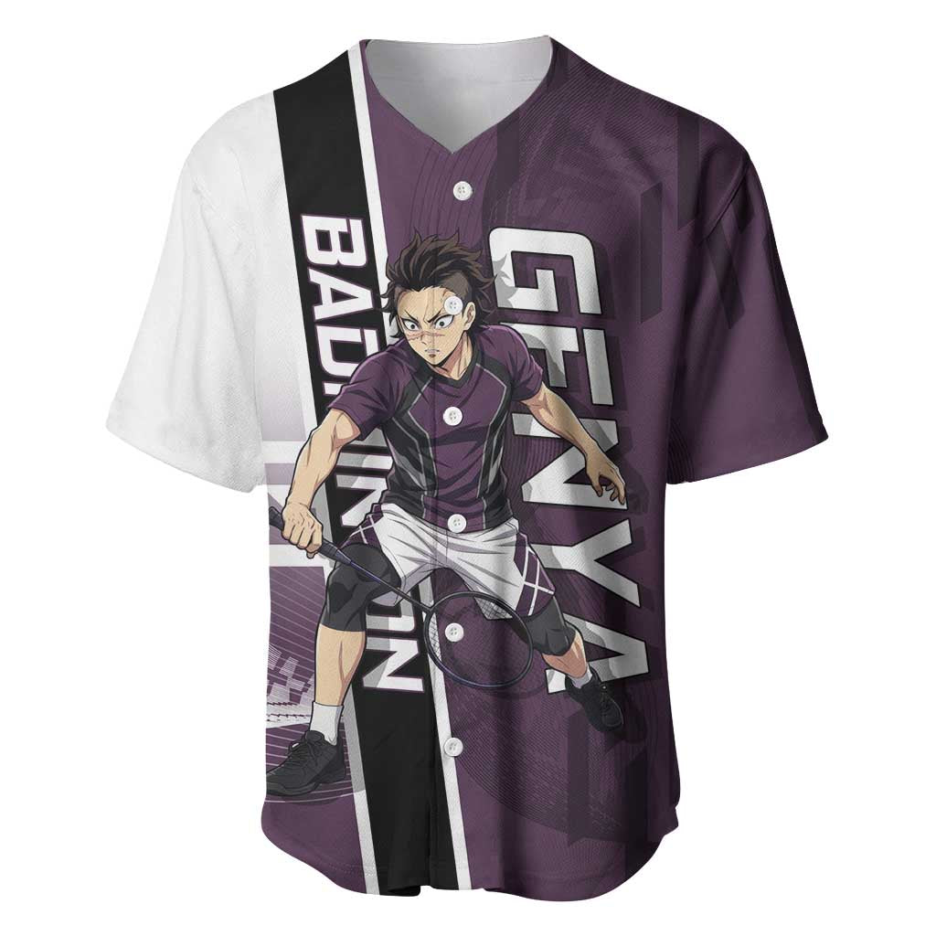 Personalized Shinazugawa Genya Demon Slayer Badminton Baseball Jersey with Racket Action Pose and Purple Black Graphic Design - The Mazicc