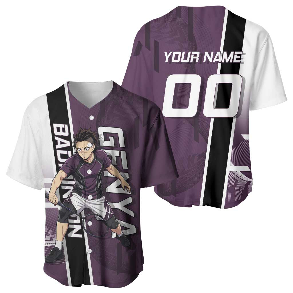 Personalized Shinazugawa Genya Demon Slayer Badminton Baseball Jersey with Racket Action Pose and Purple Black Graphic Design - The Mazicc