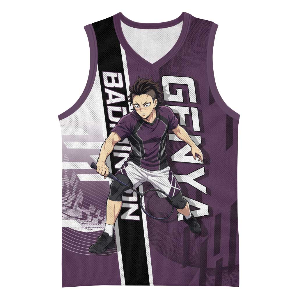 Personalized Shinazugawa Genya Demon Slayer Badminton Basketball Jersey with Racket Action Pose and Purple Black Graphic Design - The Mazicc