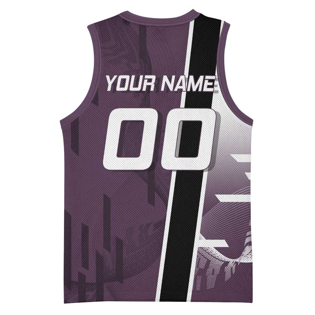 Personalized Shinazugawa Genya Demon Slayer Badminton Basketball Jersey with Racket Action Pose and Purple Black Graphic Design - The Mazicc