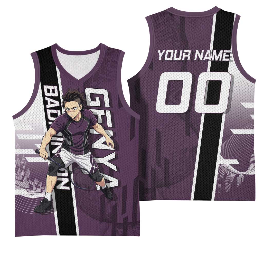 Personalized Shinazugawa Genya Demon Slayer Badminton Basketball Jersey with Racket Action Pose and Purple Black Graphic Design - The Mazicc
