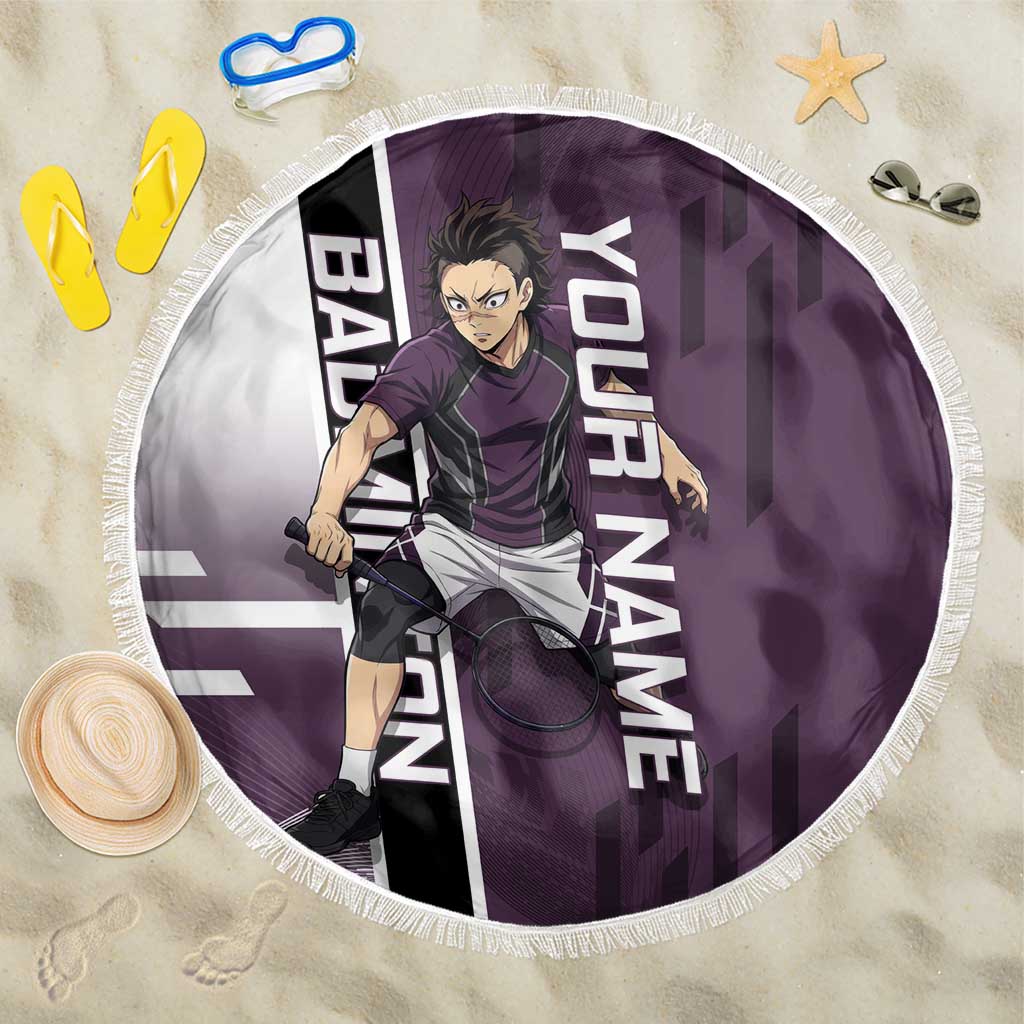 Personalized Shinazugawa Genya Demon Slayer Badminton Beach Blanket with Racket Action Pose and Purple Black Graphic Design - The Mazicc