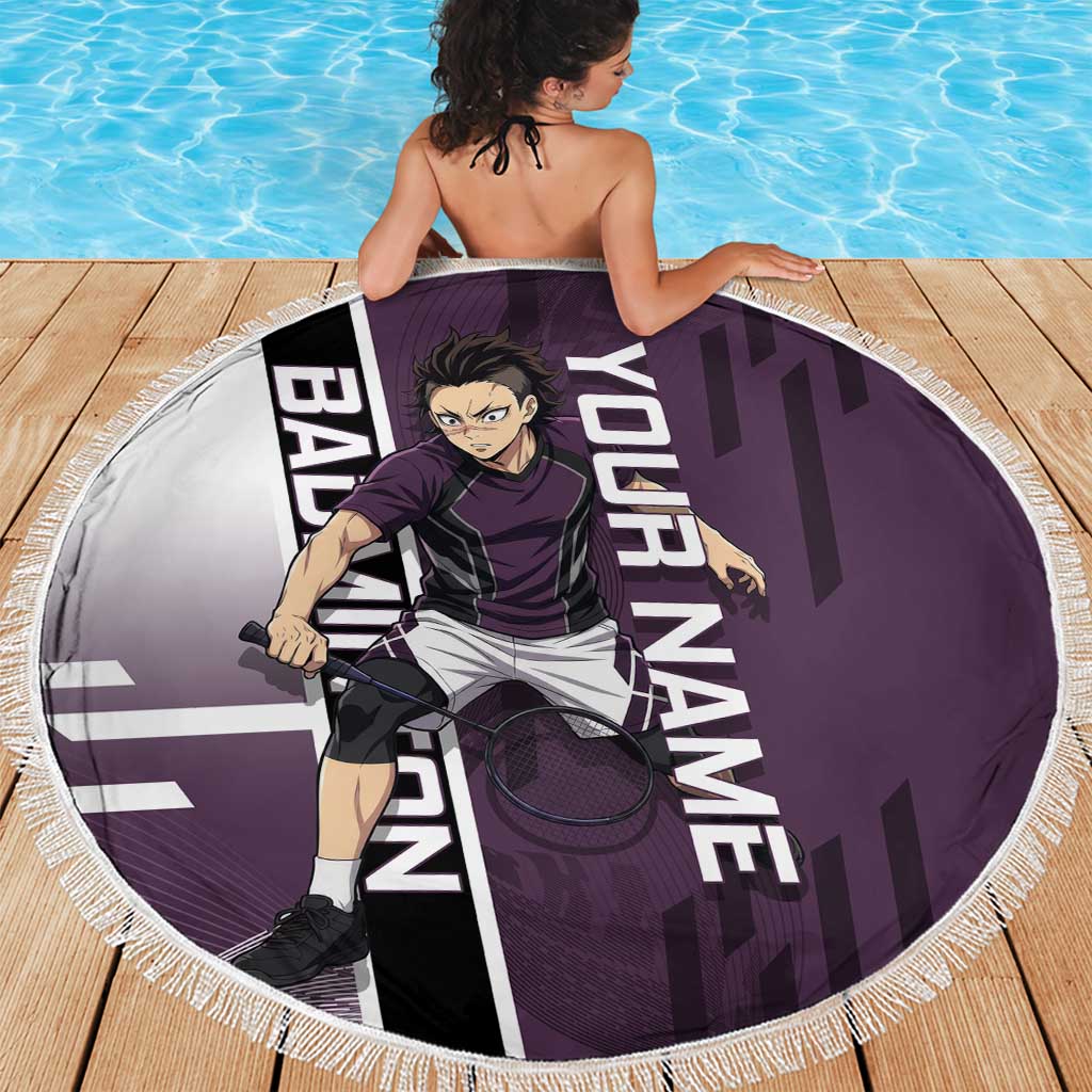 Personalized Shinazugawa Genya Demon Slayer Badminton Beach Blanket with Racket Action Pose and Purple Black Graphic Design - The Mazicc