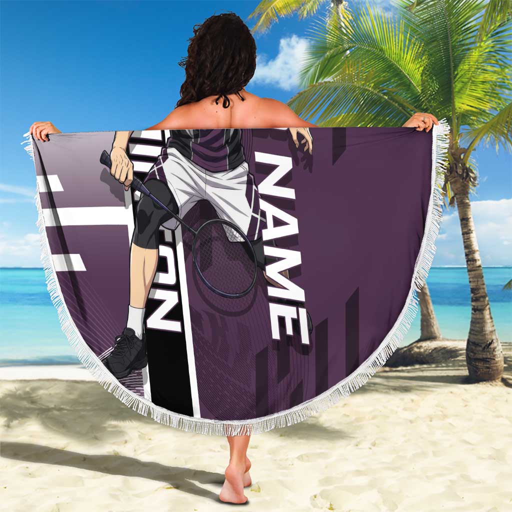Personalized Shinazugawa Genya Demon Slayer Badminton Beach Blanket with Racket Action Pose and Purple Black Graphic Design - The Mazicc