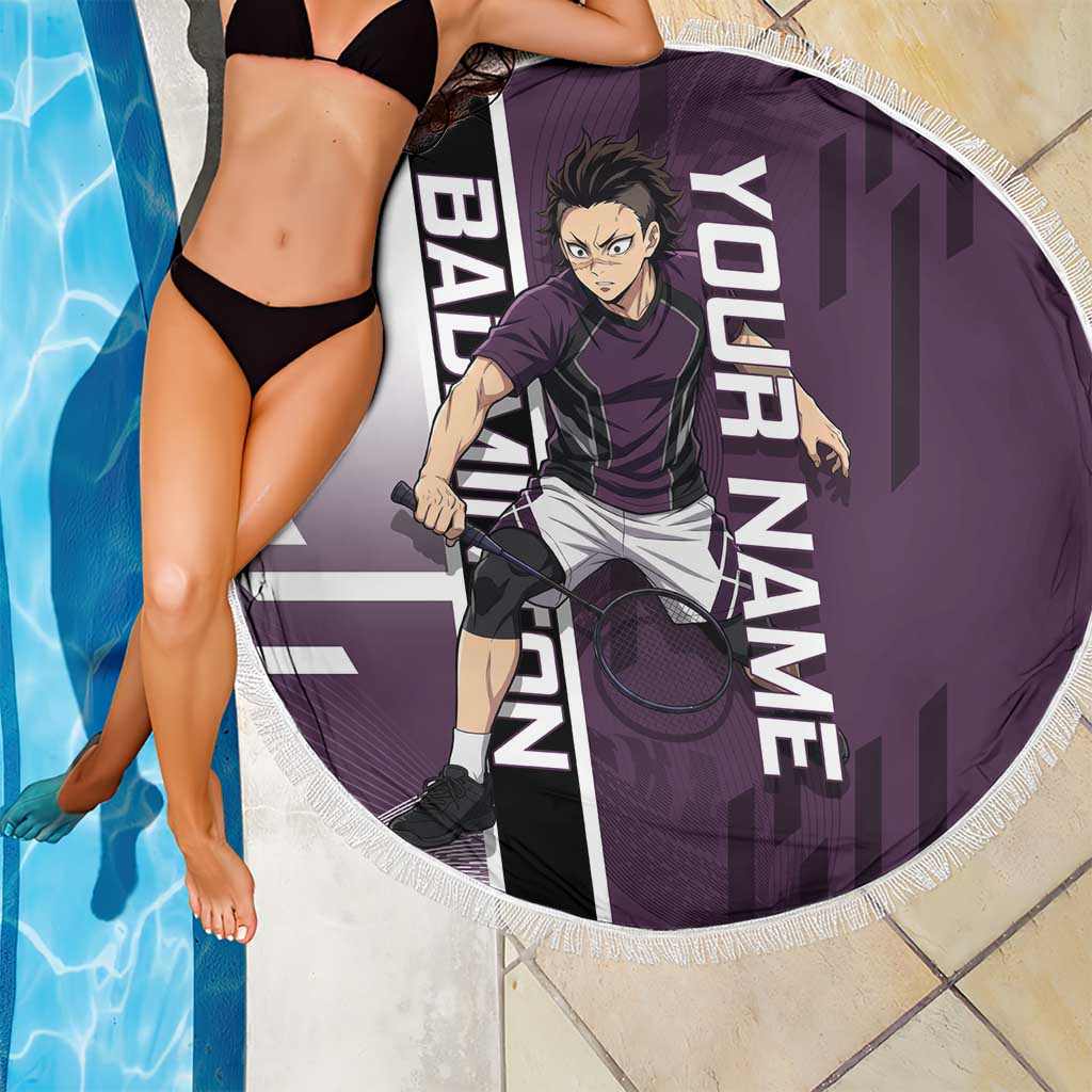 Personalized Shinazugawa Genya Demon Slayer Badminton Beach Blanket with Racket Action Pose and Purple Black Graphic Design - The Mazicc