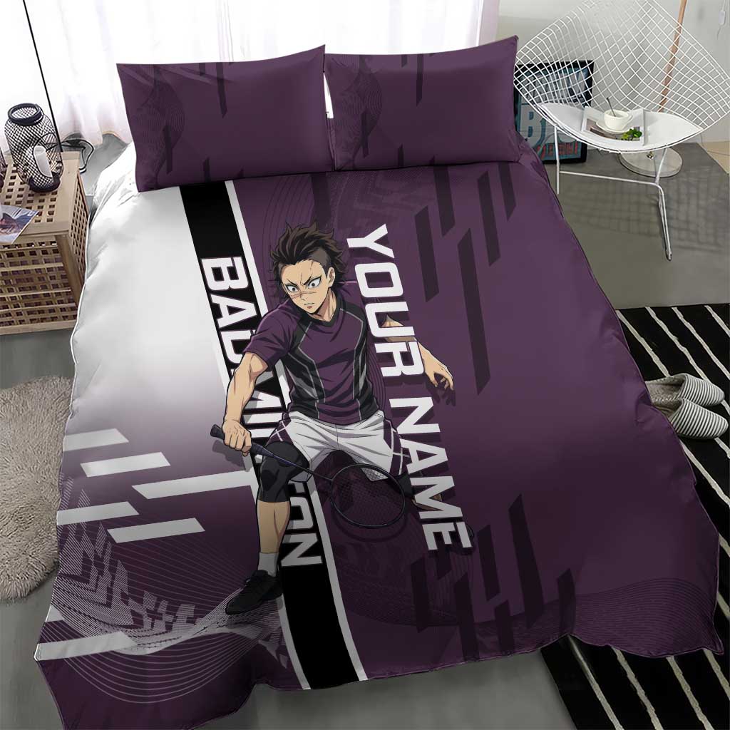 Personalized Shinazugawa Genya Demon Slayer Badminton Bedding Set with Racket Action Pose and Purple Black Graphic Design - The Mazicc