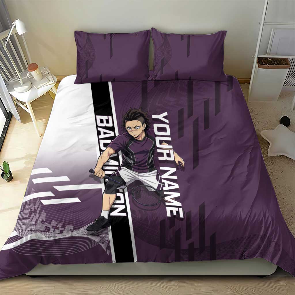 Personalized Shinazugawa Genya Demon Slayer Badminton Bedding Set with Racket Action Pose and Purple Black Graphic Design - The Mazicc