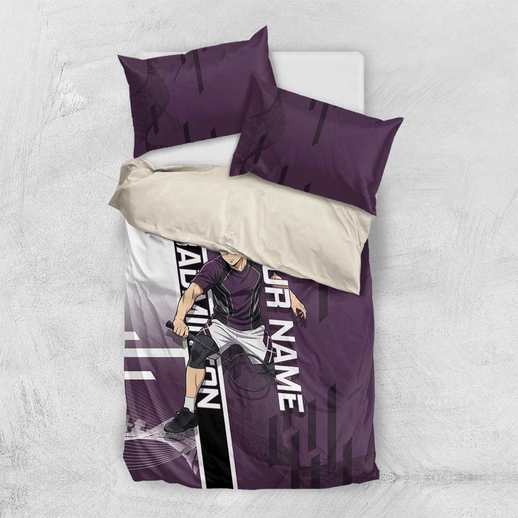 Personalized Shinazugawa Genya Demon Slayer Badminton Bedding Set with Racket Action Pose and Purple Black Graphic Design - The Mazicc
