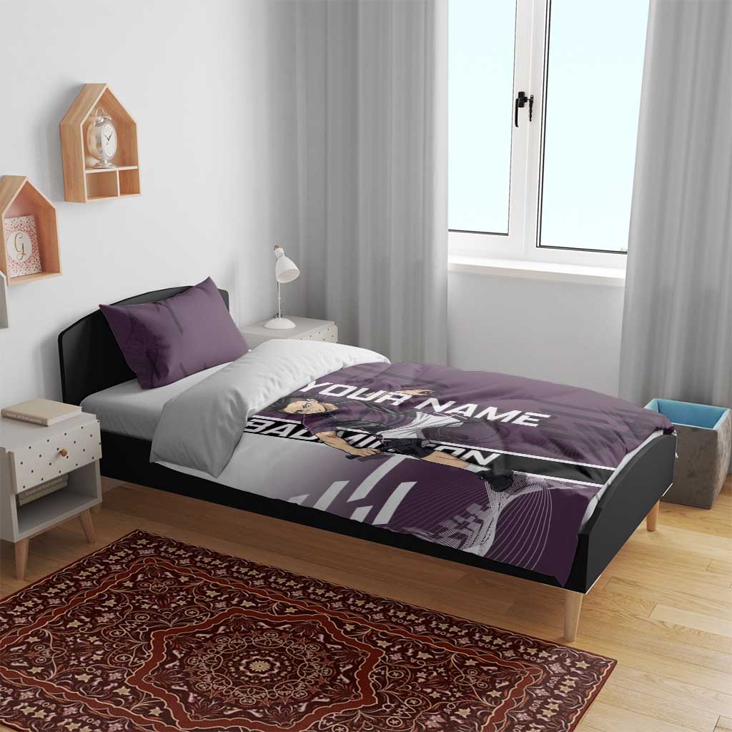 Personalized Shinazugawa Genya Demon Slayer Badminton Bedding Set with Racket Action Pose and Purple Black Graphic Design - The Mazicc