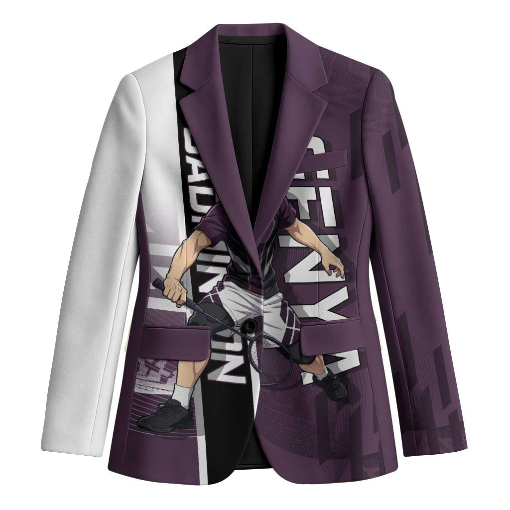 Personalized Shinazugawa Genya Demon Slayer Badminton Blazer with Racket Action Pose and Purple Black Graphic Design - The Mazicc
