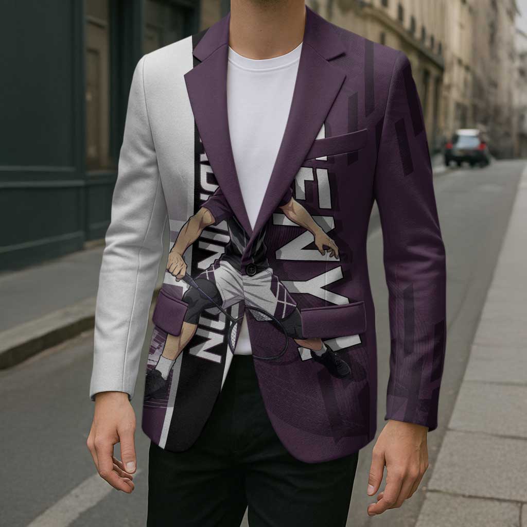 Personalized Shinazugawa Genya Demon Slayer Badminton Blazer with Racket Action Pose and Purple Black Graphic Design - The Mazicc