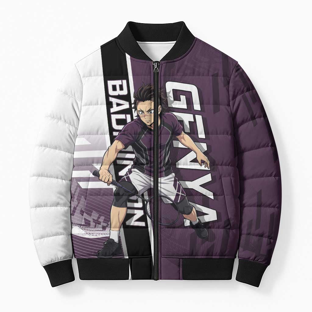 Personalized Shinazugawa Genya Demon Slayer Badminton Bomber Puffer Jacket with Racket Action Pose and Purple Black Graphic Design - The Mazicc