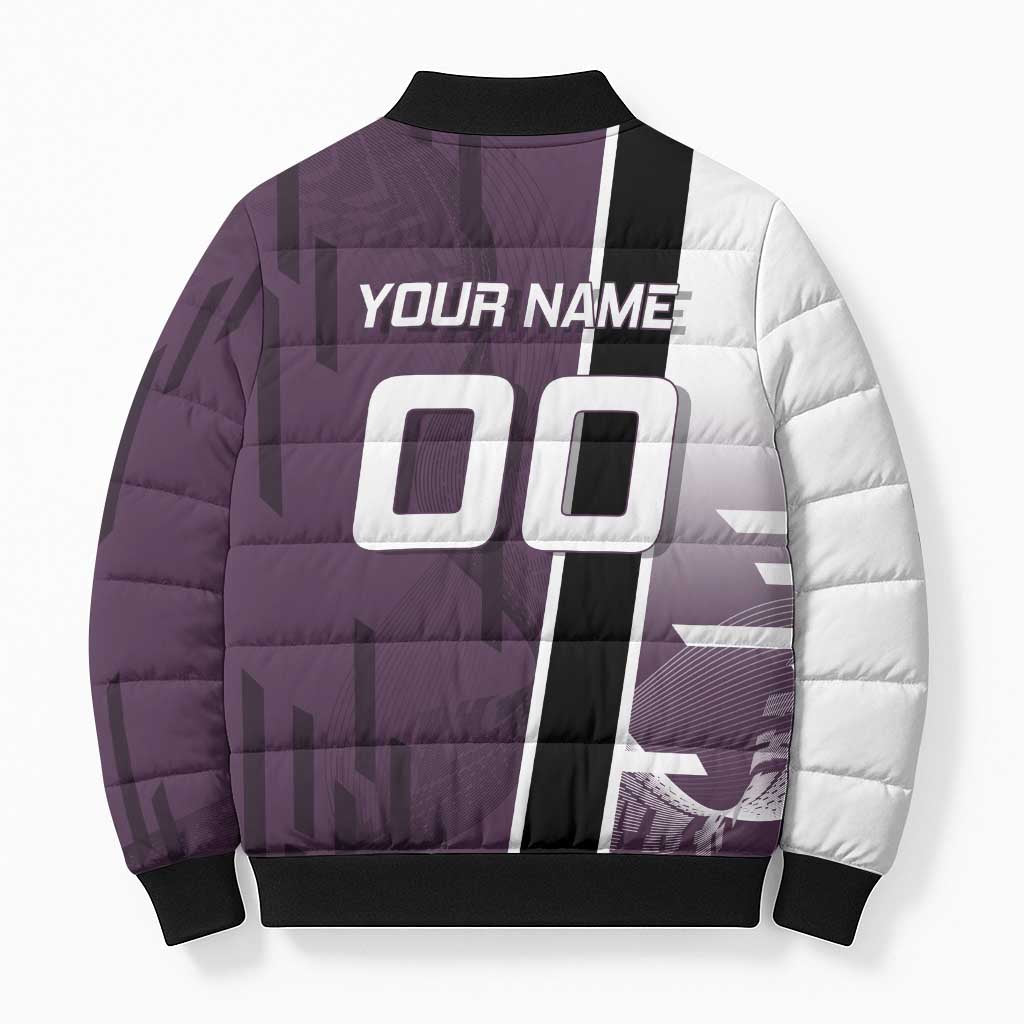 Personalized Shinazugawa Genya Demon Slayer Badminton Bomber Puffer Jacket with Racket Action Pose and Purple Black Graphic Design - The Mazicc