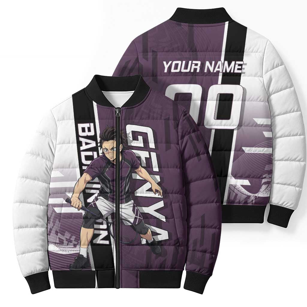 Personalized Shinazugawa Genya Demon Slayer Badminton Bomber Puffer Jacket with Racket Action Pose and Purple Black Graphic Design - The Mazicc