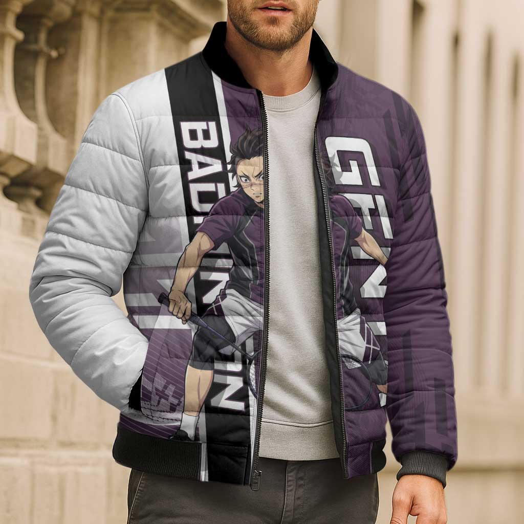 Personalized Shinazugawa Genya Demon Slayer Badminton Bomber Puffer Jacket with Racket Action Pose and Purple Black Graphic Design - The Mazicc