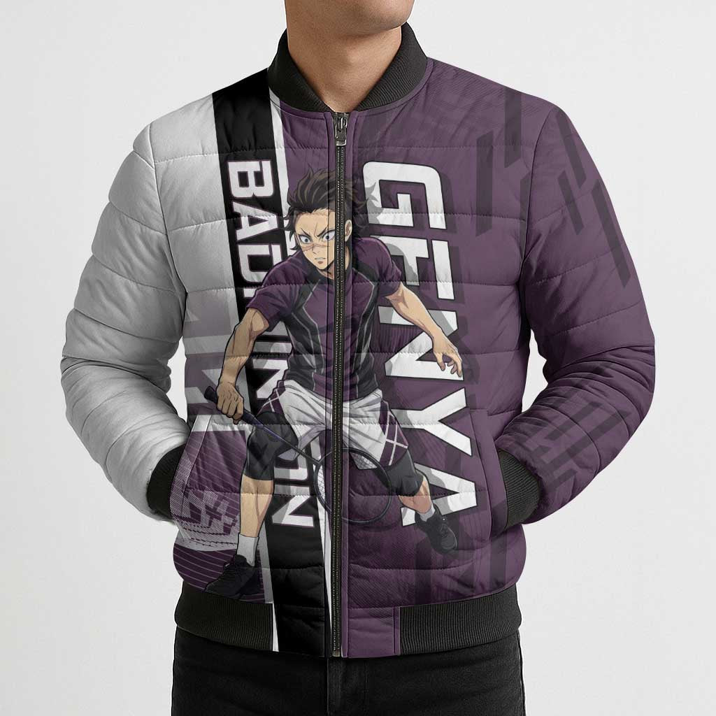 Personalized Shinazugawa Genya Demon Slayer Badminton Bomber Puffer Jacket with Racket Action Pose and Purple Black Graphic Design - The Mazicc