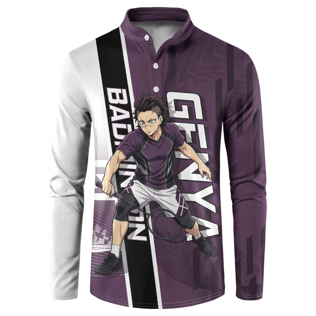 Personalized Shinazugawa Genya Demon Slayer Badminton Button Sweatshirt with Racket Action Pose and Purple Black Graphic Design - The Mazicc
